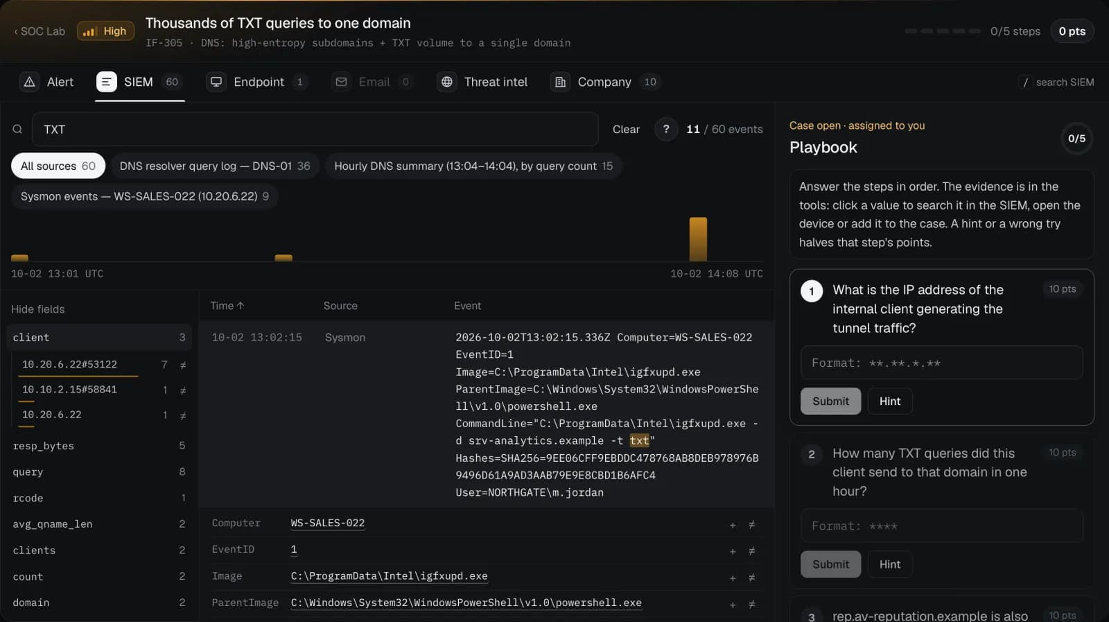 A SIEM search in SOC Lab: field list, timeline and an expanded Sysmon event