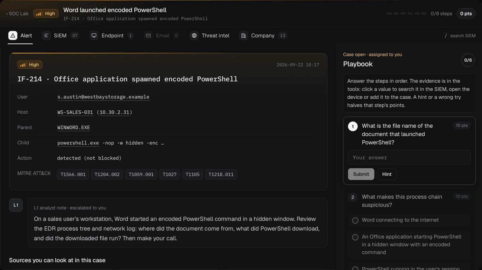 SOC Lab console: the fields of a PowerShell alert, tool tabs and the playbook steps on the right